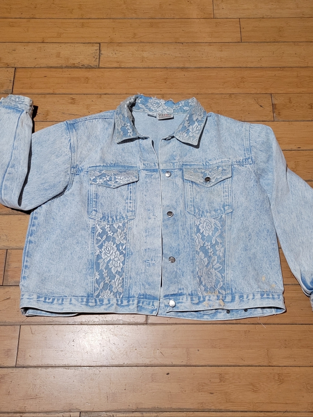 Vtg 80s Stefano Acid Washed Lace Inset Panels Distressed Jean Jacket Size 22/24